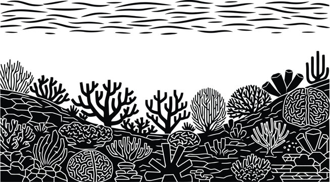 Black and White Coral Reef Illustration with Marine Seaweed and Underwater Nature Pattern