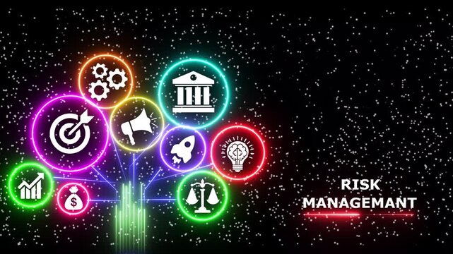 Risk management concept animated, glowing neon icons connect on dark background.