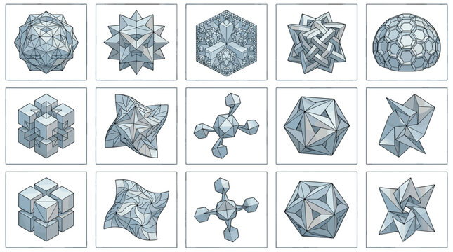Collection of 3d geometric shapes and polyhedra illustrations