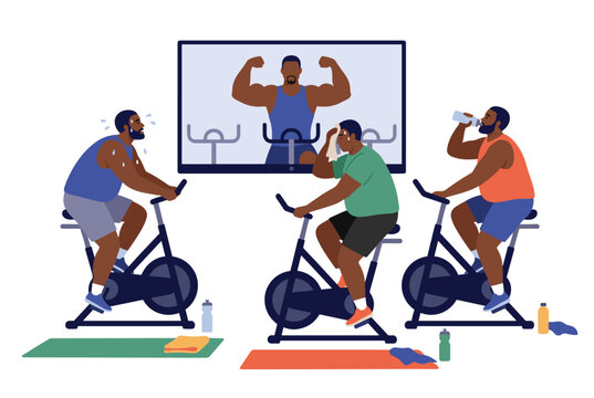 Exercise class indoor stationary bikes cycling training men sweating hydration instructor screen fitness motivation home workout energetic routine isolated white background vector illustration