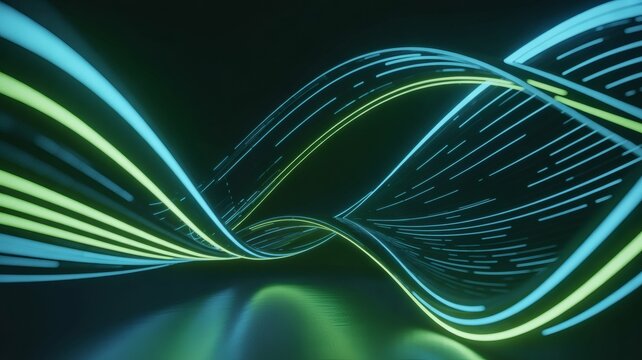 Abstract Glowing Fiber Optic Waves Flowing in Dark Digital Space for High Speed Data Technology Concept