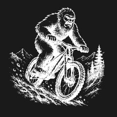 Fototapeta premium Bigfoot Mountain Biker Illustration. Sasquatch riding an off-road bicycle through a forest mountain landscape, distressed monochrome graphic art.