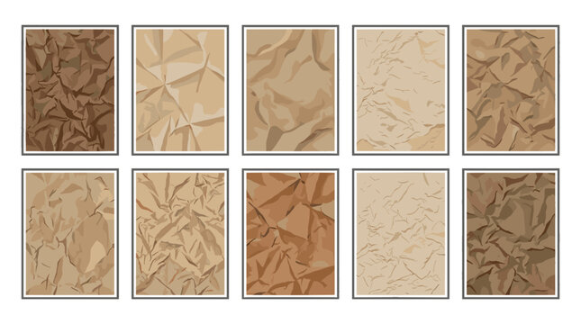 Collection of crumpled paper textures in various shades of brown
