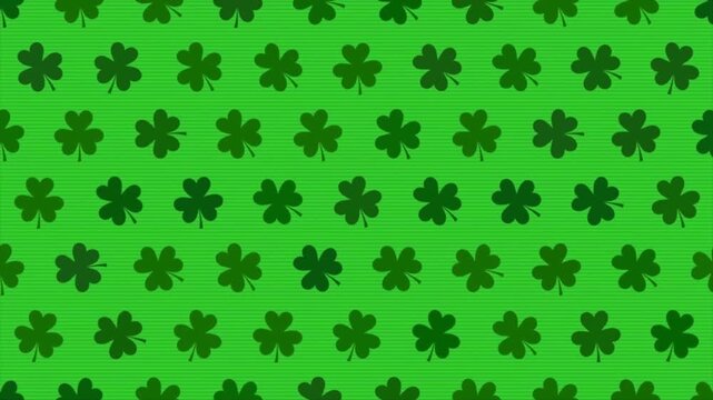 Green St Patricks day shamrock pattern background with horizontal lines texture, lucky clover leaves seamless loop animation for traditional Irish holiday mockup