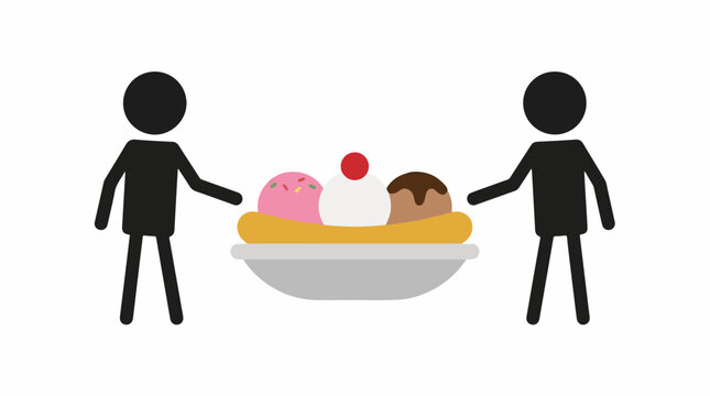 People sharing a large banana split ice cream dessert