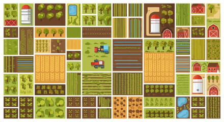 Top view of a colorful cartoon farm with fields, crops, tractors, and barns © Arana