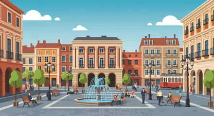 European City Square with Fountain, People, and Tram © Arana