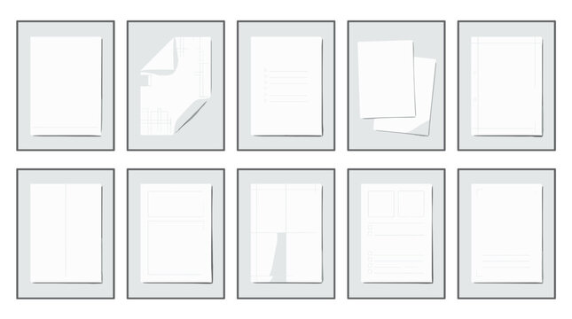 Collection of blank paper sheets in various orientations for printing