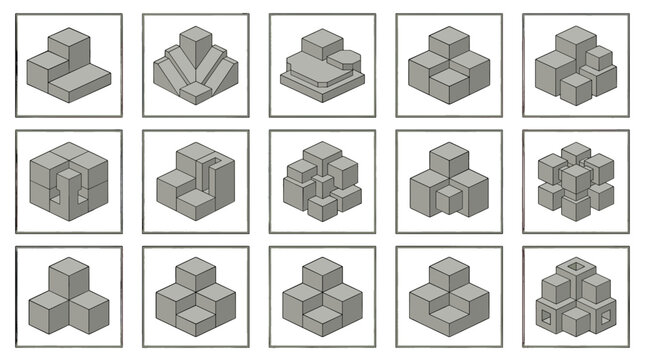 Collection of 16 isometric 3d cubes with different arrangements