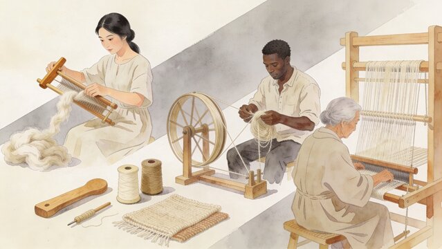Artisans Hand-Weaving Traditional Textile Craft in Bright Workshop Setting