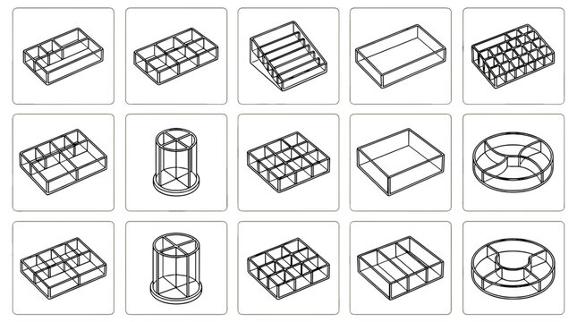Set of various 3d wireframe models of architectural structures and furniture
