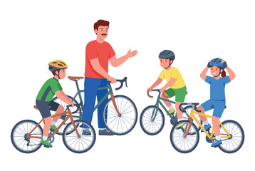 Obraz premium Family cycling outing father children helmets coaching biking learning illustrator cartoon. Parent male kids youth casual apparel riding bicycles outdoor leisure pastime. White backdrop pedal safety