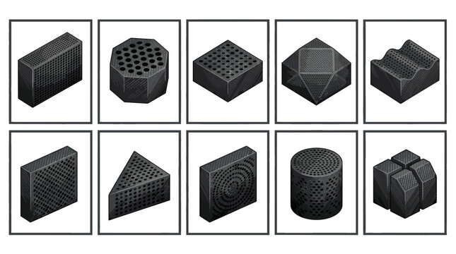 Collection of black rubber blocks with various shapes and textures