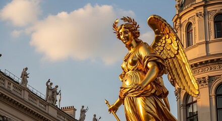 Obraz premium Golden winged statue against cloudy sky architectural elements