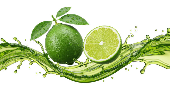 perfect emerald green limes, whole and sliced, with glossy textured peel and detailed dew droplets, suspended in an explosive swirl of brilliant lime-green liquid on a transparent background. Concept