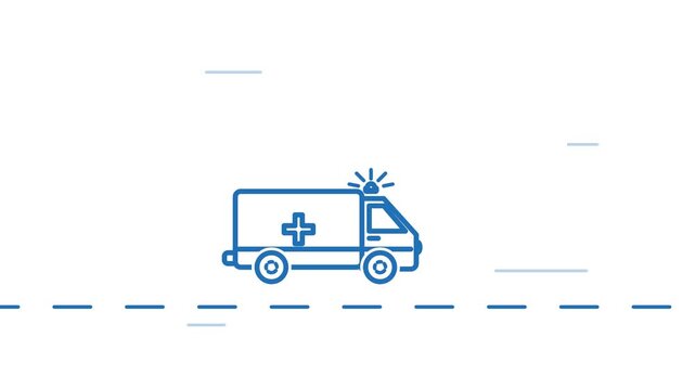 Blue Line Art Animation of an Ambulance Speeding on a Road with Flashing Siren