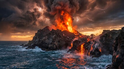 Fototapeta premium Dramatic volcanic eruption with lava flowing into the ocean during a stormy sunset