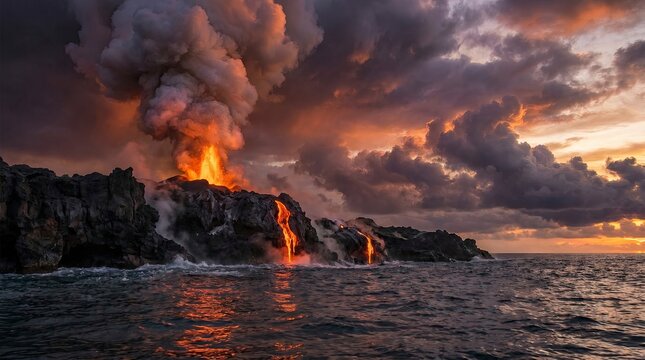 Dramatic volcanic eruption with lava flow and ash cloud at sunset