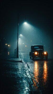 Classic 1940s film noir scene with vintage black car under flickering streetlight on rainy night, wet asphalt reflections, mysterious shadows, fog, and moody cinematic atmosphere