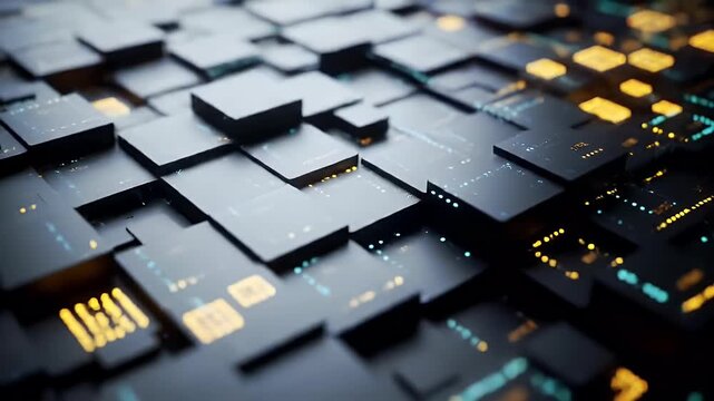 Abstract digital landscape with glowing geometric shapes and light patterns