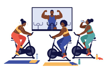 Fototapeta premium Fitness group indoor cycling stationary bikes virtual instructor participants exercise active training session women workout class gym interaction motivation vector illustration.