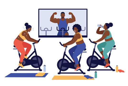 Fitness group indoor cycling stationary bikes virtual instructor participants exercise active training session women workout class gym interaction motivation vector illustration.