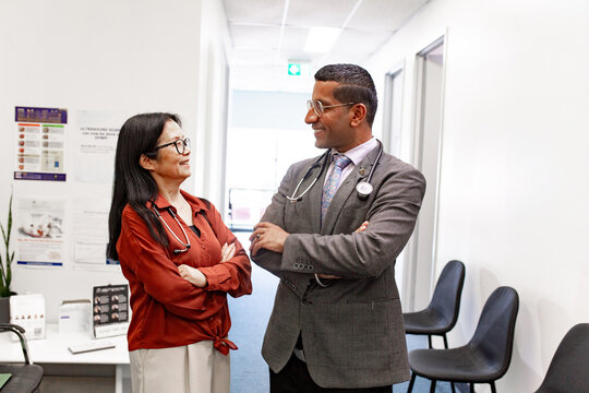 Healthcare professionals interacting in medical office