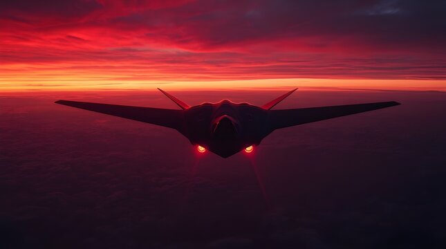 Silhouette of a modern stealth bomber fighter jet flying high above the clouds during a dramatic fiery red and orange sunset sky military aviation concept
