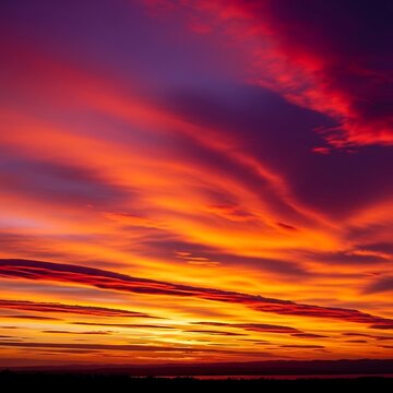 Vibrant fiery sunset sky with intense orange and purple clouds.