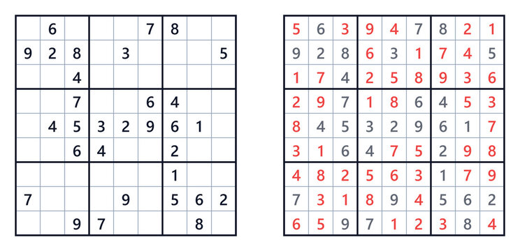 Sudoku puzzle grids with numbers and contrasting colors  