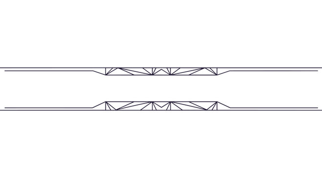 Technical line drawing showing the structural framework and profile of a truss bridge or industrial architecture.
