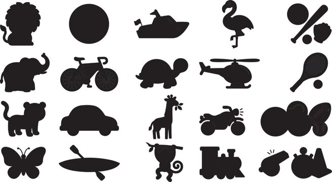Animals, transport vehicles and sports equipment black silhouette vector icons collection for shadow matching game.