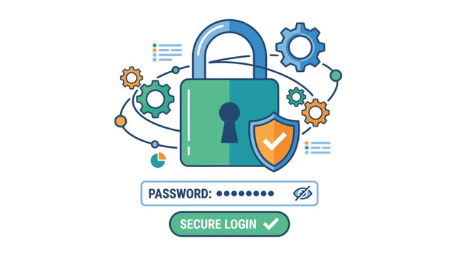 Secure login interface with padlock shield and gears for password protection online