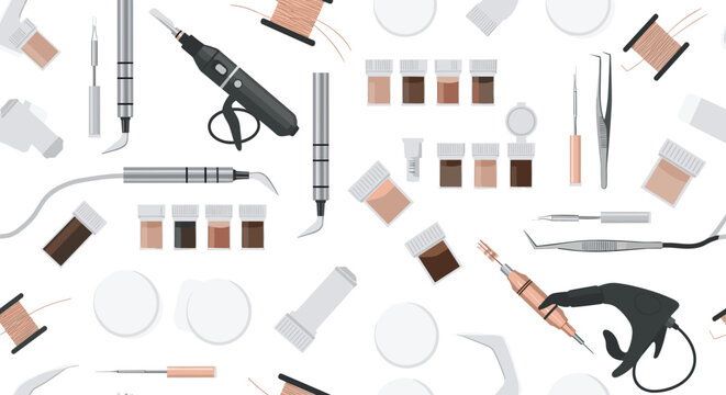 Permanent Makeup and Cosmetic Tattoo Tool Seamless Pattern with PMU Machine, Pigment Bottles, and Beauty Salon Equipment Vector Design