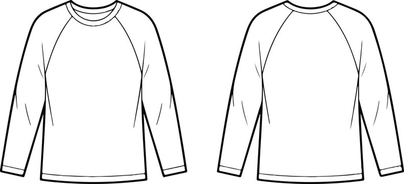 Long‑sleeve raglan T‑shirt vector illustration showing front and back technical flat sketch for fashion and apparel projects