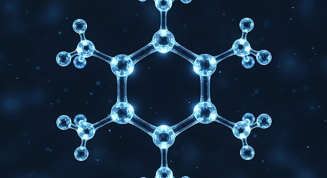 3d molecular structure of benzene ring with attached methyl groups glowing on dark background