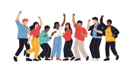 Fototapeta premium Group of diverse happy young people dancing together and celebrating with raised hands over white background in flat style.