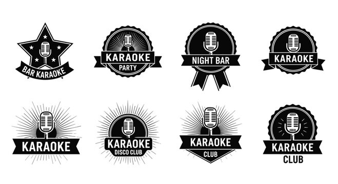 Set of monochrome karaoke logo templates featuring vintage microphones, stars, ribbons, and sunburst backgrounds for bars and clubs.