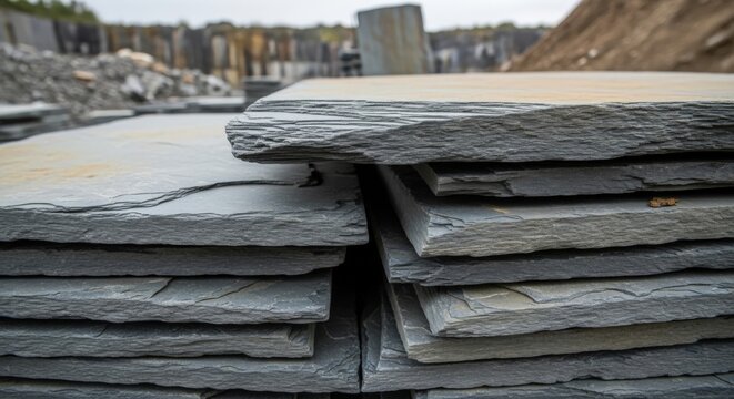 Stacked grey slate tiles displaying distinct natural thin mineral layers in a stone quarry, capturing the rough textured edges and organic sedimentary formation of raw masonry construction materials.