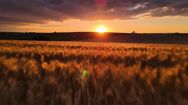 Golden hour illuminates a field of wheat under dramatic, cloud-filled skies