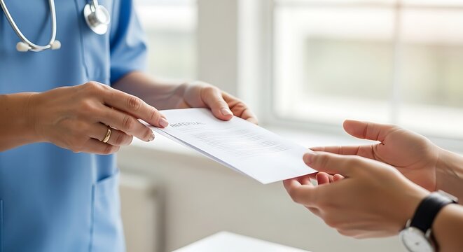 A healthcare professional in blue scrubs hands an envelope to another person, symbolizing a medical transaction or information exchange.