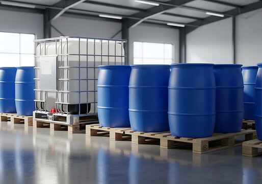 Stacked industrial blue chemical storage drums in modern warehouse facility. ibc container 