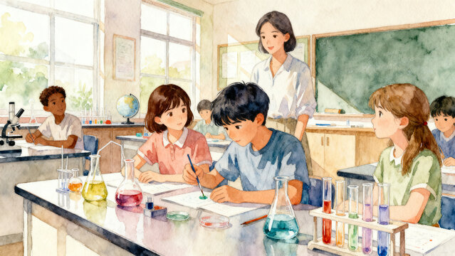 Children conducting science experiment in bright home classroom with teacher guidance