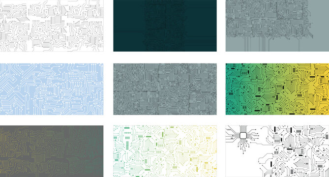 Collection of Flat Microelectronics Circuits board background.