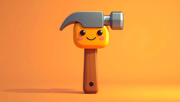 Smiling cartoon hammer with wooden handle and metal head isolated