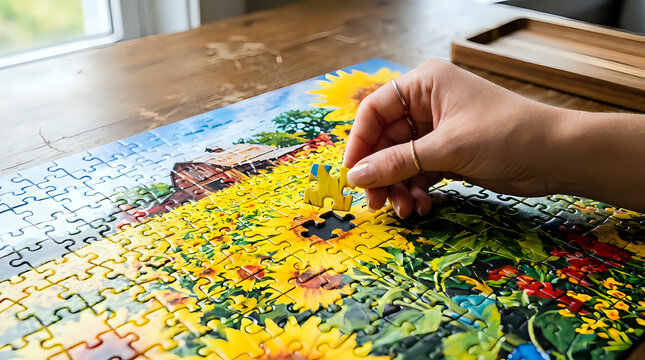 Hand placing final puzzle piece in a vibrant jigsaw puzzle of sunflowers and a house