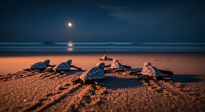 Baby sea turtles crawl towards the ocean under a moonlit night sky