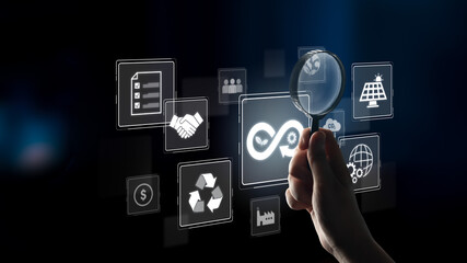 Obraz premium Circular economy supports sustainable development. Circular economy reduces waste, circular economy promotes reuse, circular economy boosts efficiency, and drives innovation. Latch