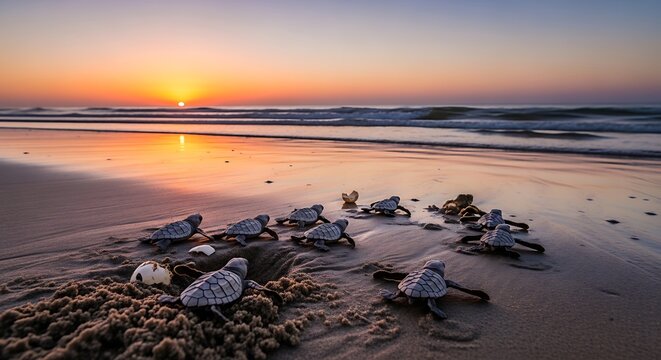 Baby sea turtles crawling towards ocean at sunrise golden hour beach scene
