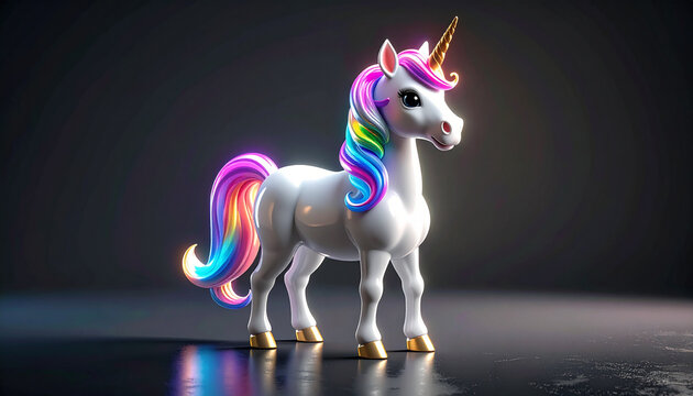 Glowing white unicorn with rainbow mane and tail standing alone